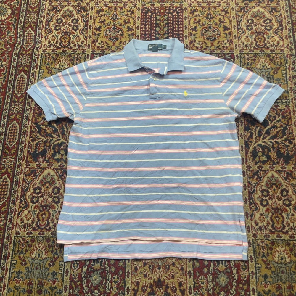 VTG 90s Polo Ralph Lauren XL Blue Pink Striped Short Sleeve Pique Polo Shirt